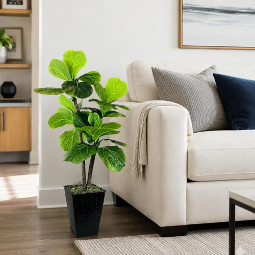 Vista 5 de LCG Florals - Árbol artificial de higuera de hoja de violín de 3.2 pies - Tronco de madera real, preensamblado, sin mantenimiento, planta artificial