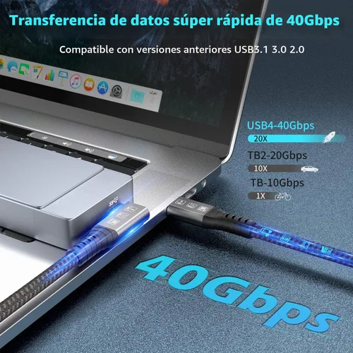 Vista 2 de Cable USB 4 Thunderbolt 4, USB C a USB C, 40 Gbps, 240 W, 8K @ 60 Hz Cable trenzado de carga rápida USB C a USB C PD3.1 en ángulo recto