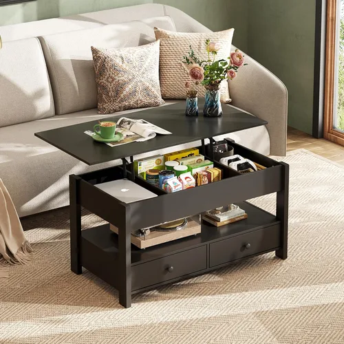 Vista 2 de WLIVE Mesa de Centro, Mesa de Centro con Tapa Elevable con 2 Cajones, Gran Almacenamiento y Estante Abierto, Tapa de Mesa Elevable para Sala de Negro