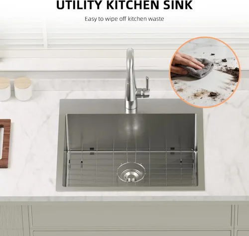 Vista 8 de Bonnlo Fregadero de cocina de 25 pulgadas de montaje superior, fregadero de cocina de estilo granja con protector de fregadero de calibre 18