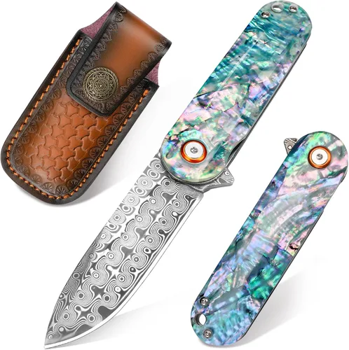 Vista 11 de Zingbee Cuchillo de bolsillo de Damasco de 3.46 pulgadas con clip, mango antideslizante azul DMXQ 1-azul