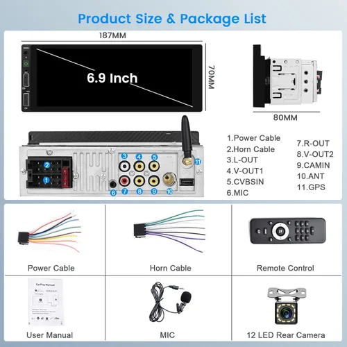 Vista 7 de Hikity 1280 x 480 IPS pantalla táctil Bluetooth 5.1 inalámbrico Android Auto, receptor de audio para automóvil, EQ FM 2USB SWC+cámara de respaldo
