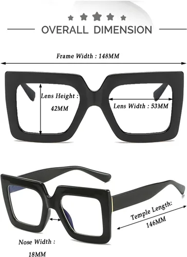 Vista 6 de Kursan Lentes cuadrados de gran tamaño para mujeres y hombres, con marco grande, bloqueo de luz azul, anteojos de moda (negro brillante)
