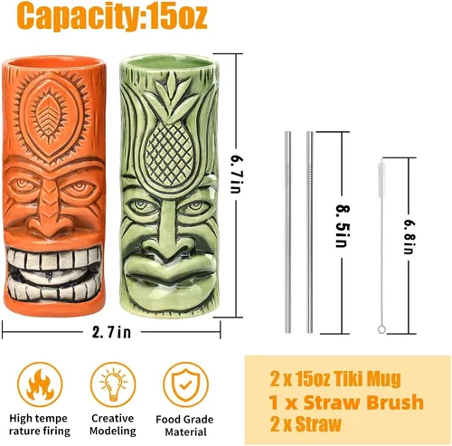 Vista 2 de SuproBarware Tiki - Juego de 2 tazas de cóctel hawaianas grandes con pajitas y posavasos, lindos vasos de cóctel exóticos para fiesta Tiki Bar