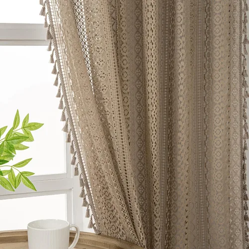 Vista 19 de WAZZIO Cortinas de Encaje, Cortina Boho de Crochet para Dormitorio, Cortinas de Café de Algodón, 45 Pulgadas de Largo, 2 Paneles con Bolsillo