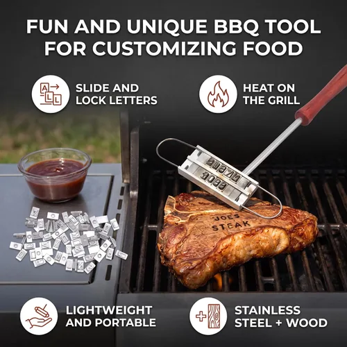 Vista 4 de CHICIRIS Hierro de marca de carne para barbacoa, hierro de marca personalizado de acero inoxidable con letras intercambiables para hamburguesa