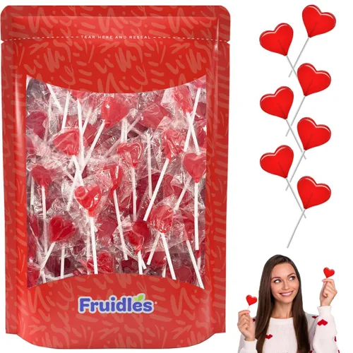 Vista 10 de Mini paletas para el día de San Valentín con forma de corazón rojo con sabor a fresa, envueltas individualmente, paletas de 0.18 oz, aprox. 40