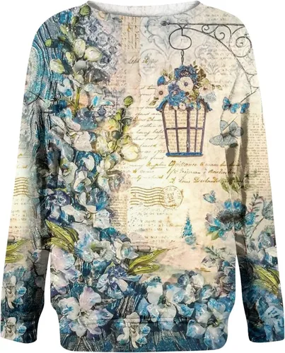 Vista 2 de Camisas de manga larga para mujer, blusa de cuello redondo, casual, moderna, estampada, suéter de ajuste holgado