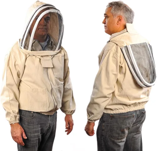 Vista 2 de Chaqueta de abeja con velo - Chaqueta de lona natural con cintura y puños elásticos, cremalleras YKK de latón, 3 bolsillos utilitarios. Capucha