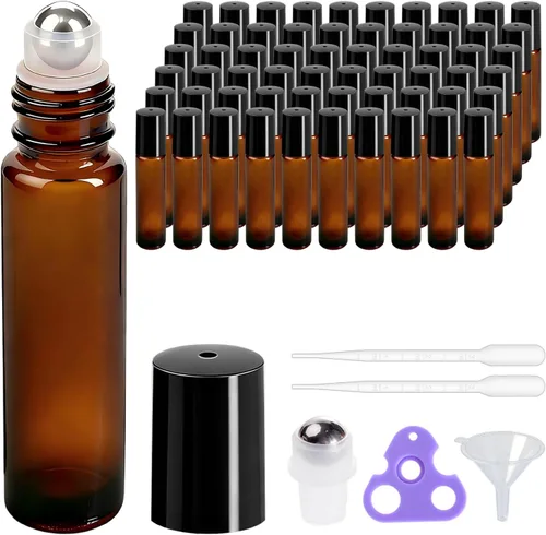 Vista 12 de PrettyCare Botellas de rodillo de aceite esencial, 4 piezas de vidrio ámbar Ámbar con tapa negra