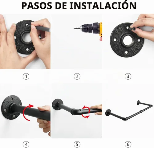 Vista 6 de Perchero Industrial de Tubo de Hierro para Colgar Ropa, Barra de Ropa Montada en Pared DIY, Estante de Ropa de Alta Resistencia para Dormitorio Negro