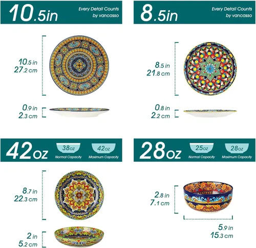 Vista 2 de vancasso 24-Piece Dinnerware Sets,Plates & Bowls Sets Service for 6, Bohemian Porcelain Dishes Set for 6, Kitchen Dinner Set,Microwave & Dishwasher