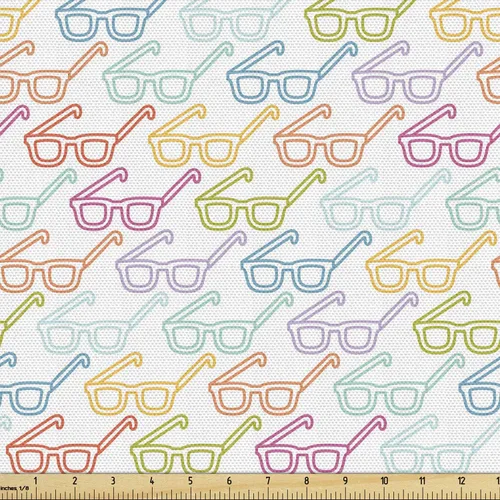 Vista 45 de Ambesonne - Tela Indie de The Yard, patrón colorido con anteojos clásicos de moda antigua, nerd, inteligente, bohemio, dibujo de doodle, tela