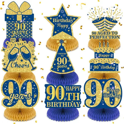 Vista 11 de 9 piezas de decoración de cumpleaños azul marino dorado 18 centros de mesa de panal para decoración de mesa, decoraciones de feliz cumpleaños 18