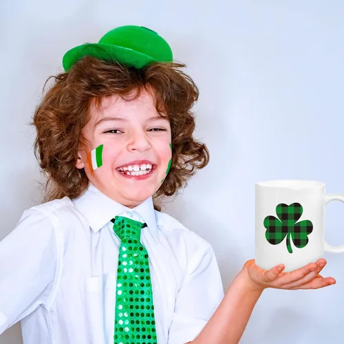 Vista 7 de Whaline Juego de 2 tazas del Día de San Patricio de 12 onzas con diseño de trébol a cuadros de búfalo para café, tazas de cerámica irlandesa a