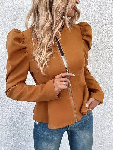 Vista 5 de MakeMeChic Abrigo de manga abombada con cremallera y dobladillo con volantes para mujer