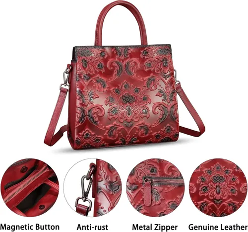 Vista 5 de Monederos y bolsos de cuero genuino para mujer, bolso de mano de cuero con relieve vintage para mujer, bolso cruzado de hombro, bolsas de mano