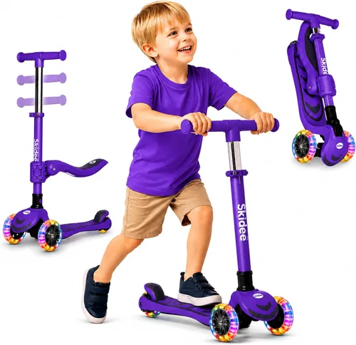 Vista 8 de SKIDEE Kick Scooter for Kids Ages 3-5 Foldable 3 Wheel Scooter with Lean-to-Steer, Adjustable Height, Removable Seat & LED Light Wheels Toddler