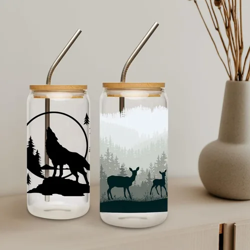 Vista 2 de Adhesivo UV DTF para taza, 8 hojas de transferencia DTF UV de animales para vidrio de 16 onzas, estilo bosque negro, lobo, ciervo, jirafa, elefante