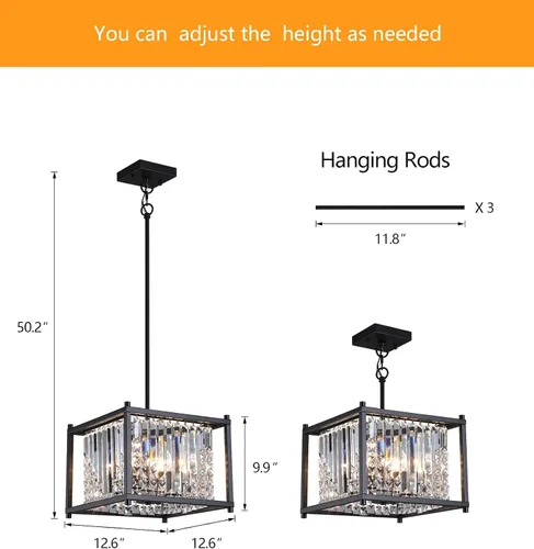 Vista 2 de Q&S Candelabro moderno, candelabro de cristal cuadrado negro industrial de granja, 4 luces, colgante para comedor, pasillo, entrada, isla de cocina