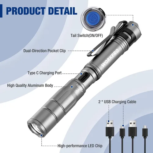 Vista 7 de WORKPRO Luz de bolígrafo recargable, mini linterna, paquete de 2 linternas EDC ultracompactas, linterna de bolsillo con clip, función de memoria y 2