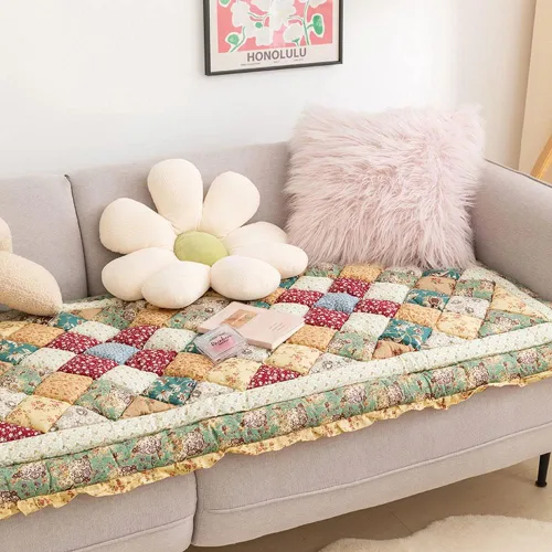 Vista 4 de vctops Funda acolchada de algodón bohemio con retazos para sofá, funda de sofá modular con volantes para sala de estar, antideslizante, suave, cojín