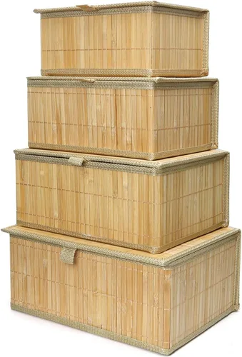 Vista 8 de Cesta de mimbre con tapa, caja de almacenamiento de bambú para estantes, cajas de almacenamiento de bambú con tapas, cesta decorativa rectangular