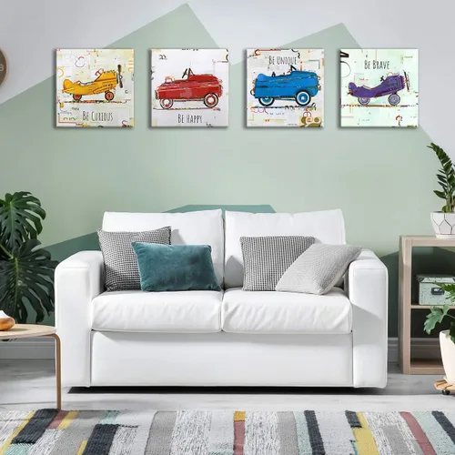 Vista 4 de Oreichar Art Arte de pared para niños, citas inspiradoras, lienzo impreso con dibujos animados, cuadro colorido de avión de automóvil