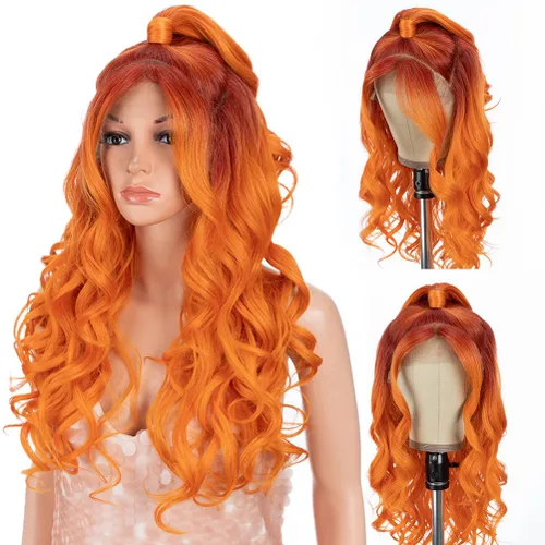 Vista 11 de Style Icon - Peluca de encaje frontal negra con parte libre, estilo U, de 24" de largo, ondulada con flequillo, sintética, resistente a altas 1