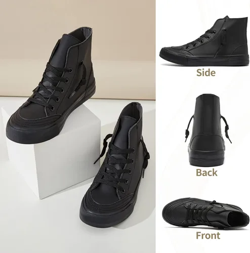 Vista 4 de Moudki Tenis altos de piel sintética para mujer, zapatos altos casuales en blanco y negro, zapatos deportivos de moda para mujer con cordones