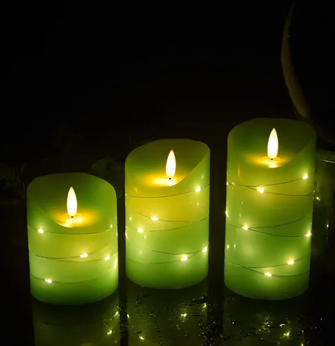 Vista 2 de DANIP - Vela LED verde sin llama con cuerda de estrella integrada, juego de 3 velas LED, con control remoto de 11 botones, función de temporizador