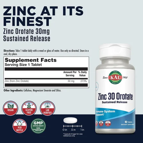 Vista 2 de KAL Orotato de zinc 30 mg, liberación sostenida, tabletas de zinc quelatado, suplemento de apoyo inmunológico, síntesis de proteínas, metabolismo