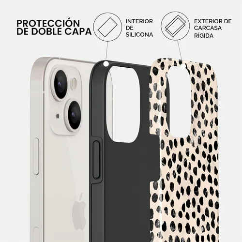 Vista 3 de BURGA-Funda p/teléfono compatible c/iPhone 14 Plus, carcasa rígida híbrida de 2 capas + Funda protectora de silicona, almendras latte a lunares