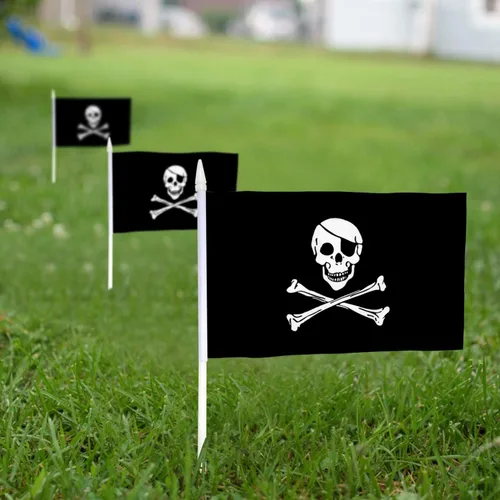 Vista 3 de Anley Mini bandera pirata - Paquete de 12 banderas pequeñas en miniatura Jolly Roger en barra, resistentes a la decoloración y colores vivos, 5 x 8