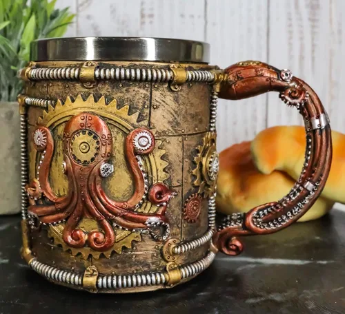 Vista 8 de Ebros Brazen Steampunk Kraken Octopus Cyborg con válvulas de engranajes robóticos esculpidos y tuberías Beverage Drinkware Serveware decorativo Taza