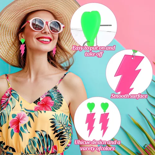 Vista 3 de Hot Pink 80s Earrings for Retro Party - Neon Lightning Bolt Heart Earrings for 90s 80s Halloween Costume - Acrylic Neon Earring Jewelry for Women