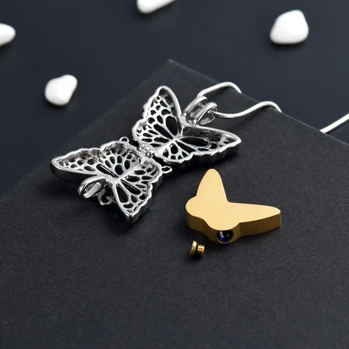 Vista 5 de Always in My Heart - Collar de urna de cremación de mariposa ahuecada para cenizas para mujeres, recuerdo conmemorativo, Metal, Acero inoxidable