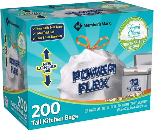 Vista 2 de Member's Mark Power Flex - Bolsas de basura altas con cordón para cocina (13 galones, 2 rollos de 100 unidades, 200 unidades en total)