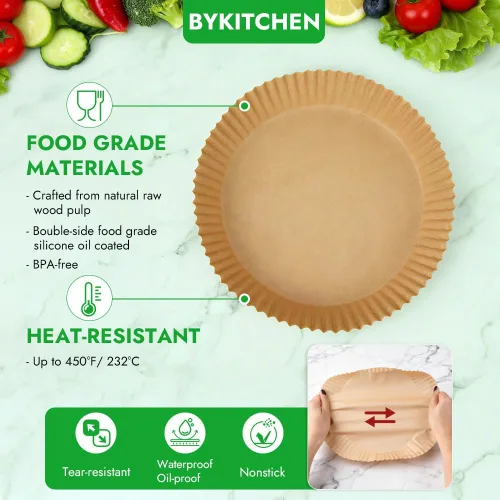 Vista 4 de BYKITCHEN 300 PCS forros desechables pequeños para freidora de aire de 2 a 5 QT, forros redondos de papel pergamino para freidora de aire