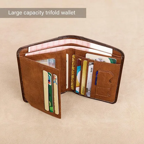 Vista 3 de WOWOLAY Billeteras triplegables para hombres, de cuero, de gran capacidad, estilo vintage, con bloqueo RFID, 2 tarjetas de identificación, Windows