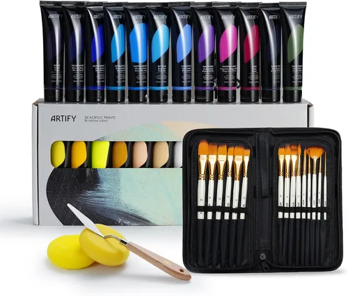 Vista 11 de ARTIFY - Juego de pintura acrílica de 24 colores, 24 colores con 15 pinceles sintéticos, incluye esponja, paleta y cuchillo para principiantes