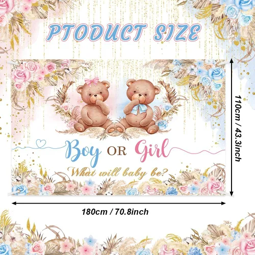 Vista 2 de AIBIIN Pancarta de revelación de género de oso bohemio, telón de fondo para niño o niña, para baby shower, suministros de decoración de fiesta