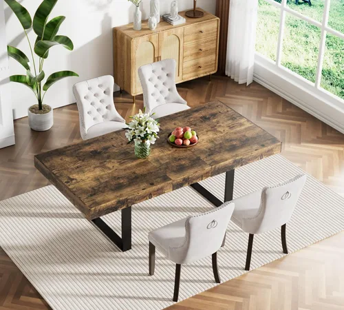 Vista 28 de Juego de mesa de comedor extensible marrón de 63 a 78.74 pulgadas para 4, juego de mesa de comedor de 5 piezas con 4 sillas tapizadas, mesa