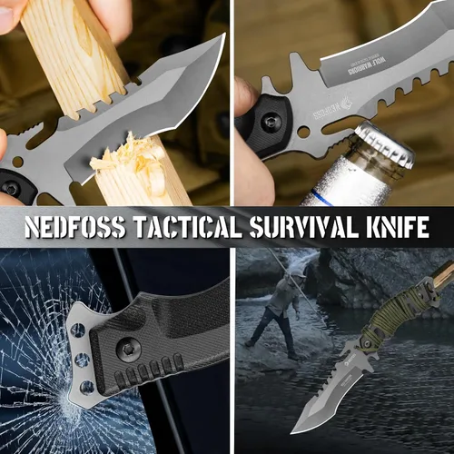 Vista 5 de NedFoss Cuchillo de supervivencia de hoja fija con funda, cuchillo de campamento de espiga completa de 9 pulgadas, mango ergonómico G10