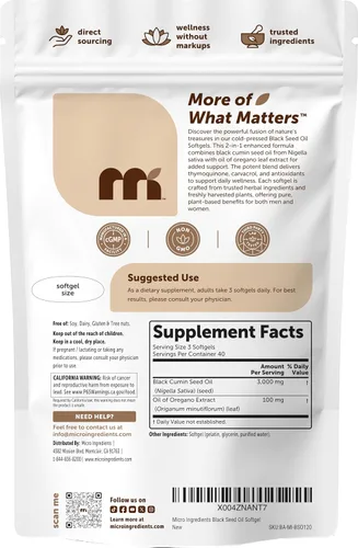 Vista 6 de Micro Ingredients Aceite de semilla negra de 3,000 mg, 120 cápsulas blandas Fórmula 2 en 1 con aceite de orégano, carvacrol y timoquinona A base