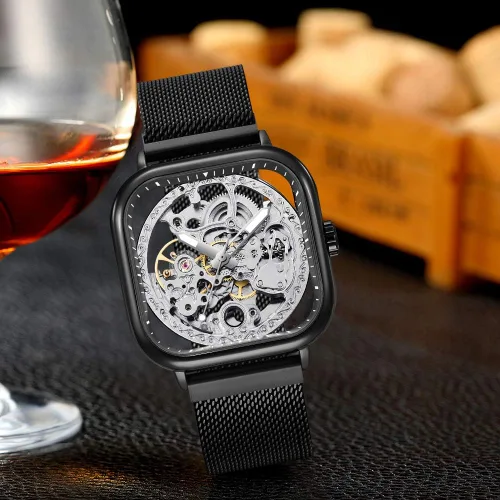 Vista 3 de Tiong Relojes automáticos de moda Reloj de pulsera mecánico dorado para hombre Relojes esqueleto con esfera transparente de acero inoxidable