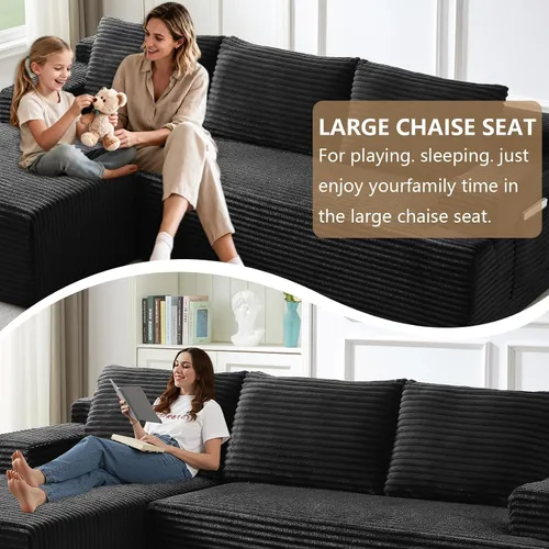 Vista 5 de Sofá seccional Cloud de 96 pulgadas, sofá deshuesado para sala de estar, sofá modular con asiento profundo, sofá de pana cómodo y esponjoso con Negro