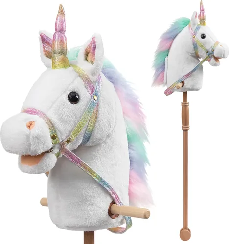 Vista 14 de HollyHOME Caballo de unicornio con lentejuelas, caballo de juguete artesanal con palo y ruedas de madera, sonidos reales de relincho y galope de Azul