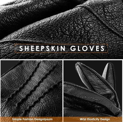 Vista 6 de Guantes de piel de oveja genuina para hombre, guantes de invierno cálidos para pantalla táctil, guantes de motocicleta con forro de cachemira