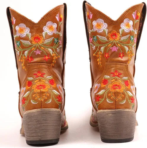 Vista 5 de SO SIMPOK Botas vaqueras para mujer, botas occidentales con bordado de flores, tacón grueso retro, botines cortos para montar